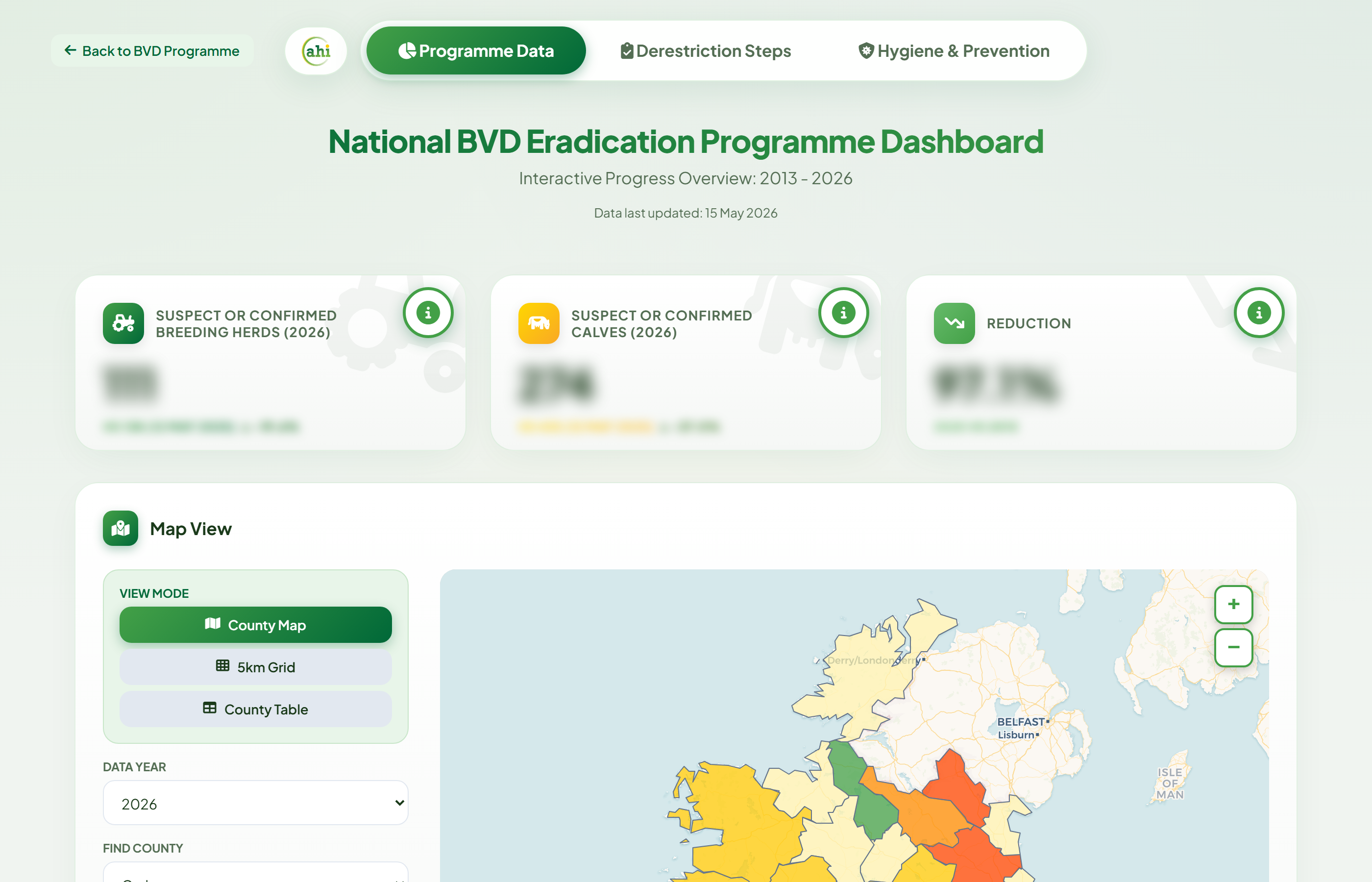 Screenshot of the BVD Results Dashboard showing the live county map and KPI boxes